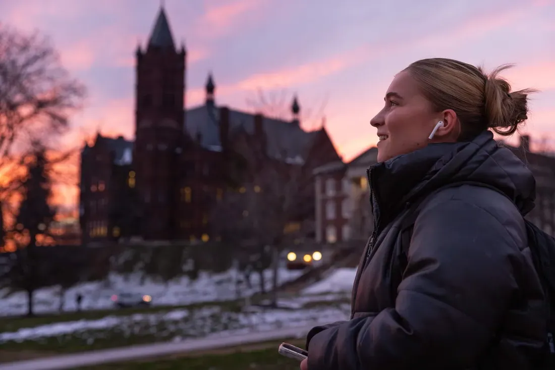 Winter sunset on campus with Crouse college in the background